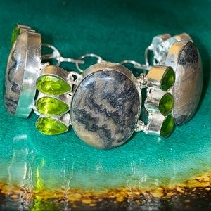 Sale * Dendritic Opal + Green Topaz gemstone statement vintage bracelet